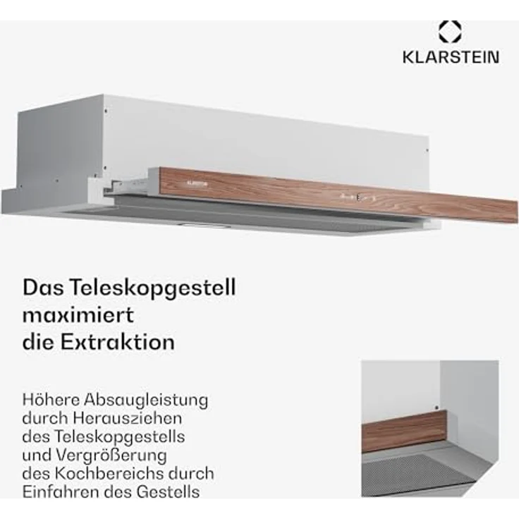 Klarstein ZenFusion Dunstabzugshaube Unterbau, 90cm mit Teleskopabzug, 400m³/h, Energieeffizienzklasse A, Touch-Bedienung, LED-Beleuchtung, Fett- und Aktivkohlefilter, Weiß – Bild 5