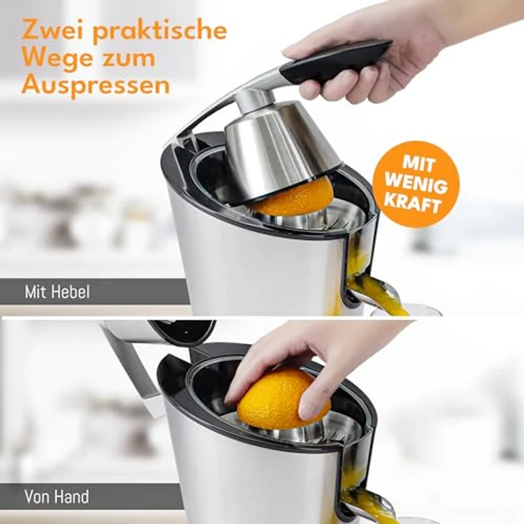 Leben Lang Zitruspresse 600W, elektrische Saftpresse mit Hebel und zwei Presskegeln für Zitronen und Orangen, BPA-frei und spülmaschinenfest – Bild 5