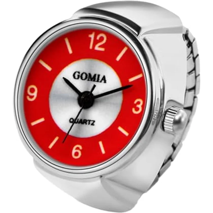 JewelryWe Ringuhr Fingeruhr Damen, Elastisch, Klassische Analog Quarz mit Rotem Zifferblatt und Legierungsband, 10m Wasserdicht – Bild 1