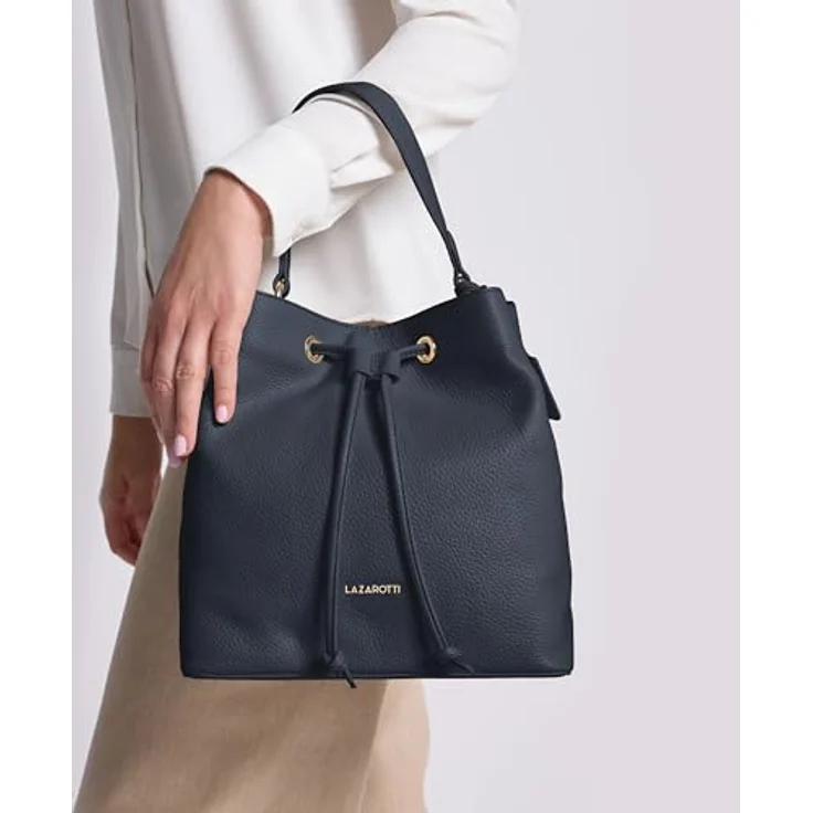 Lazarotti Bologna Leather Beuteltasche, Handtasche aus hochwertigem Leder mit Reißverschluss- und Steckfach, 25 cm, schwarz – Bild 6