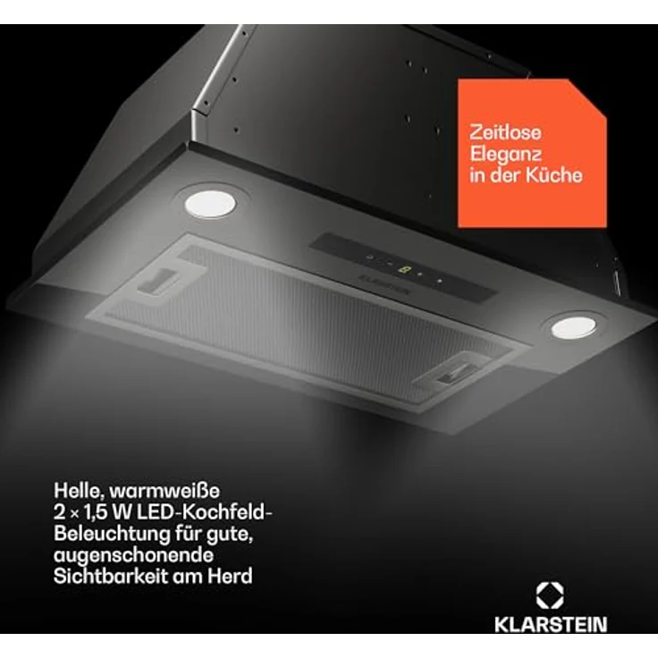 Klarstein Dunstabzugshaube 52cm, Abluft/Umluft-Dunstabzugshaube mit Filter, LED-Beleuchtung, Timer & Touch-Bedienfeld, Leise Einbau-Abzugshaube mit 439 m³/h Luftstrom, Edelstahl-Dunstabzug – Bild 4