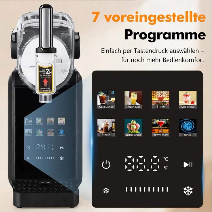 Vankel Slush-Eismaschine HD-BS-J01, 7 Getränkemodi, 10 Konsistenzstufen, 1,8 l Kompressorkühlung, selbstreinigend, für Slush, Milchshakes und Frappés