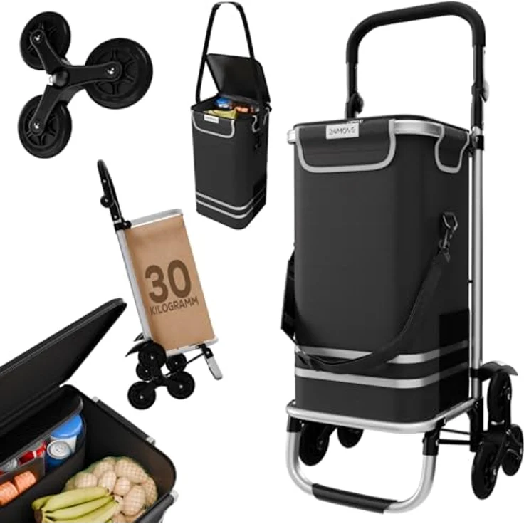 24MOVE® Einkaufstrolley Alegre, klappbar mit 55L Fassungsvermögen, integriertes Kühlfach, faltbarer 3in1 Trolley - Sackkarre und Tasche, bis 30kg belastbar, schwarz – Bild 1