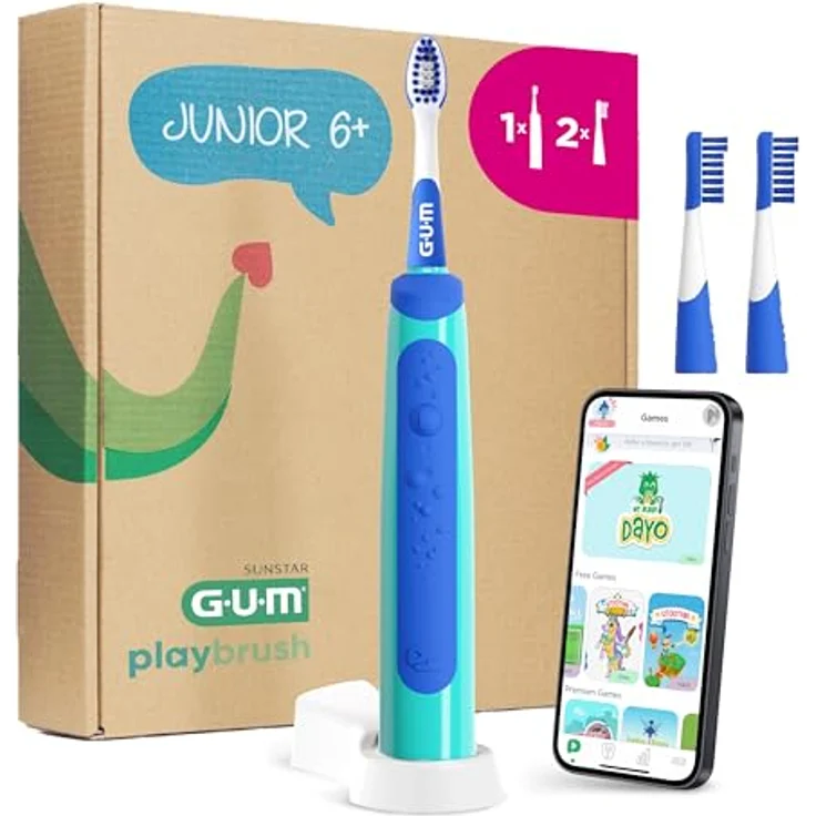 GUM Playbrush JUNIOR 6+ elektrische Zahnbürste | Interaktive Spiel-App | 2 Putzmodi | Extra weiche Borsten | 8 Wochen Akku | Timer | 1x Schallzahnbürste, wiederaufladbar | 2 extra Bürstenköpfe | Blau – Bild 1