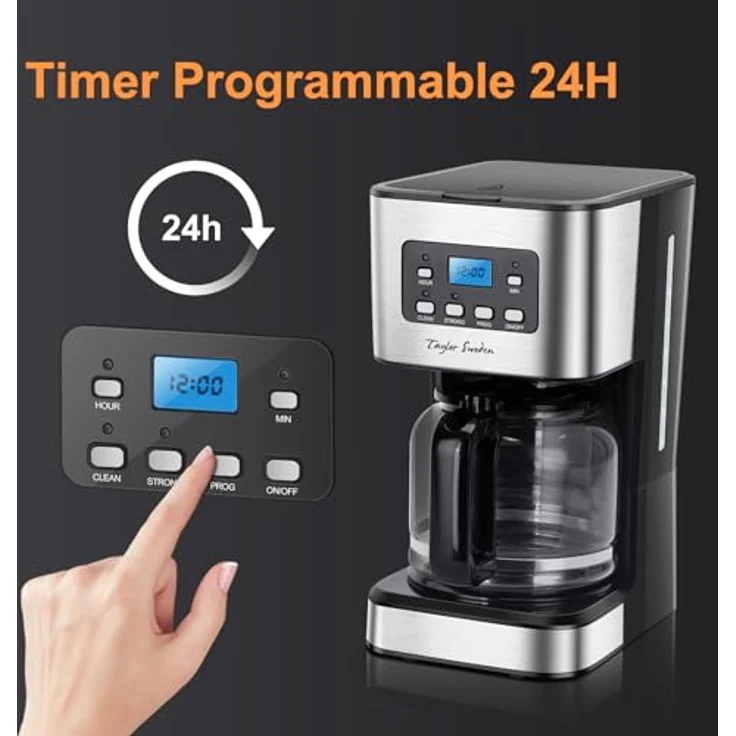 Taylor Swoden Darcy, 950W Filterkaffeemaschine mit Timer, 1.5L für 12 Tassen, Abschaltautomatik, Tropf-Stopp, wiederverwendbarem Filter, BPA-frei, Schwarz – Bild 3