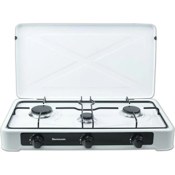 Ravanson K-03TB, Gas Kochplatte mit 3 Kochzonen, robustem Metall-Kunststoff-Gehäuse, weiss