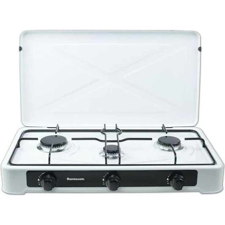 Ravanson K-03TB, Gas Kochplatte mit 3 Kochzonen, robustem Metall-Kunststoff-Gehäuse, weiss