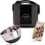 Reishunger Reiskocher & Dampfgarer mit Keramikbeschichtung Starterset (10-teilig), Schwarz - inkl. Dämpfeinsatz, Löffel, Messbecher, 8-teiligem Reisset & Edelstahl Reiswaschschüssel, 1.2l Fassungsvermögen, 500W, GS zertifiziert