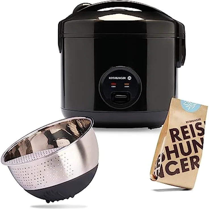 Reishunger Reiskocher & Dampfgarer mit Keramikbeschichtung Starterset (10-teilig), Schwarz - inkl. Dämpfeinsatz, Löffel, Messbecher, 8-teiligem Reisset & Edelstahl Reiswaschschüssel, 1.2l Fassungsvermögen, 500W, GS zertifiziert