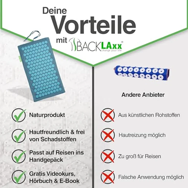 BACKLAxx® Akupressurmatte Akupressurmatten Set To-Go "Original", Umweltfreundliches Halbleinen, 6.960 Spitzen, Naturkokosfasern, Naturlatex (Grün) – Bild 6