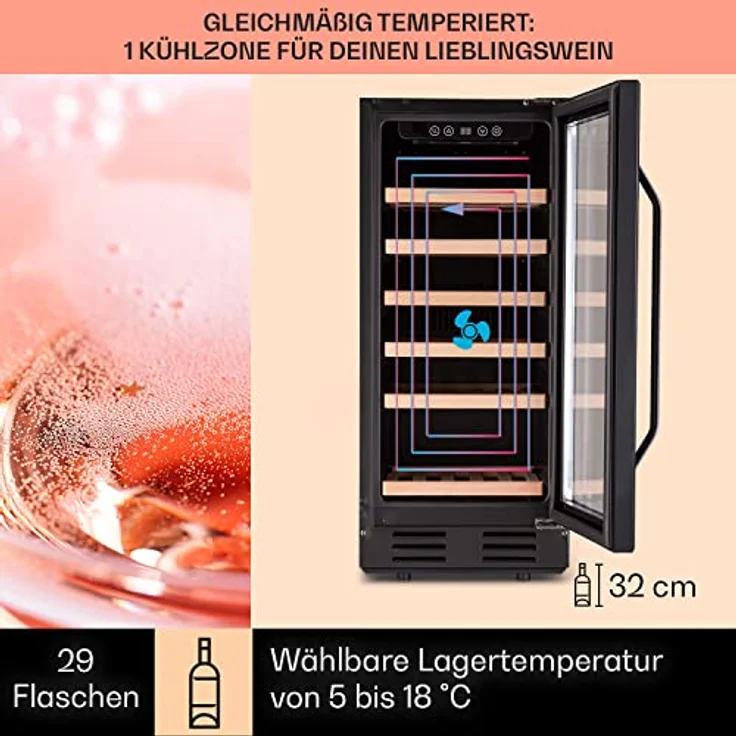 Klarstein Vinovilla 29 Weinkühlschrank, freistehend, edelstahl schwarz, 1 Temperaturzone, Glastür, Energieklasse G – Bild 4
