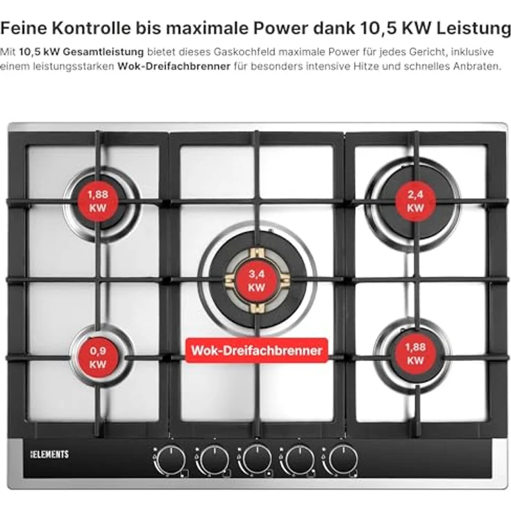 KB ELEMENTS Gaskochfeld Eternity Line 70 cm, 5 flammig, Vollkupfer-Brenner, 304 Edelstahlgehäuse, Wok-Dreifachbrenner, LPG/NG, automatische Sicherheitsabschaltung – Bild 6