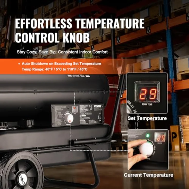VEVOR Kerosin-/Diesel-Warmluftheizung DG-K100, tragbarer Torpedo-Raumheizer mit 100.000 BTU und Thermostat, 38-Liter-Tank für innen und außen, schwarz – Bild 3