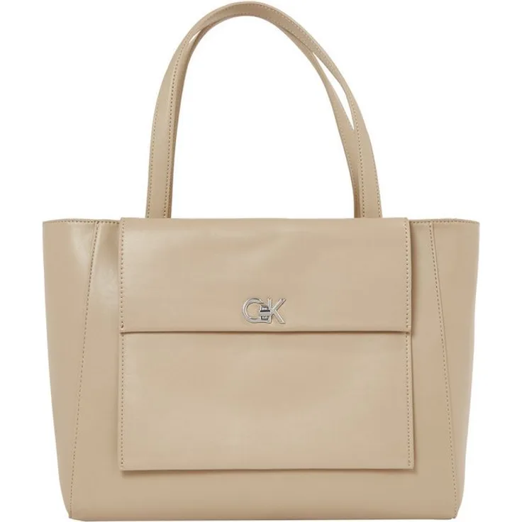 Calvin Klein CK MEDIUM SHOPPER W/POCKET, Henkeltasche aus Lederimitat, hellbeige, große Umhängetasche mit Reißverschluss und doppelten Tragegriffen