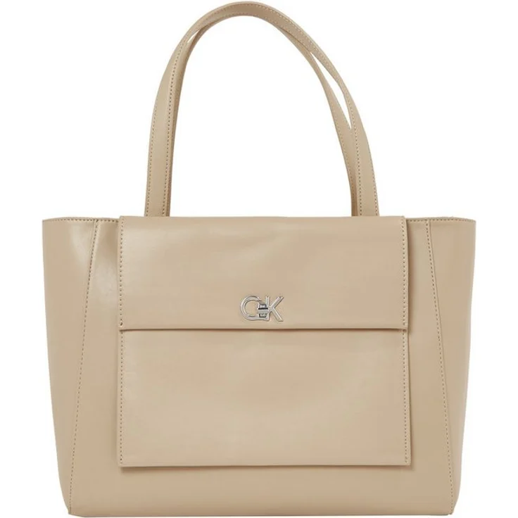 Calvin Klein CK MEDIUM SHOPPER W/POCKET, Henkeltasche aus Lederimitat, hellbeige, große Umhängetasche mit Reißverschluss und doppelten Tragegriffen