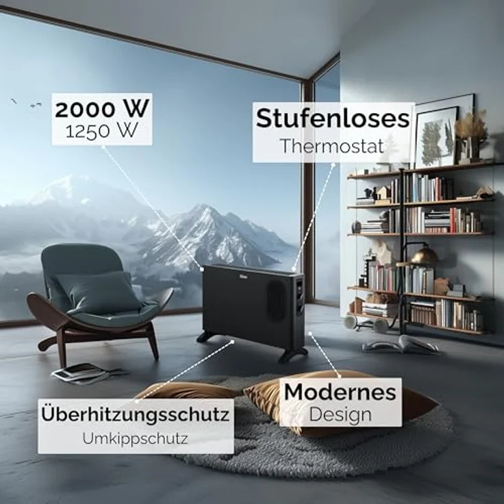 Zilan Elektro Konvektor 1250/2000 Watt, tragbare Elektroheizung mit 2 Heizstufen, Thermostat und Überhitzungsschutz, kompakt und flexibel einsetzbar – Bild 4