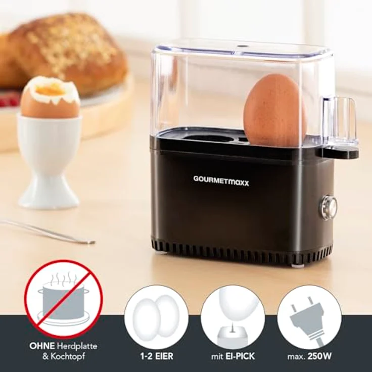 GOURMETmaxx Eierkocher für 2 Eier | Elektrischer, energiesparsamer Egg Cooker | Mit Messbecher & Ei-Pick | Kompaktes Design & BPA frei [Schwarz] – Bild 2