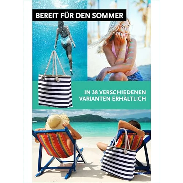 DonDon Strandtasche XXL mit Reißverschluss, gestreifte Badetasche in dunkelblau und weiß, praktische Umhängetasche für Strand und Alltag – Bild 5