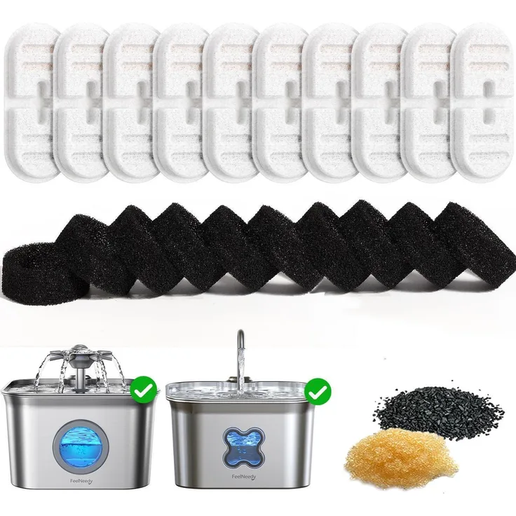 FEELNEEDY Ersatzfilter & Schwämme Set für Katzentrinkbrunnen, 10er Pack Filter und 10er Pack Schwämme für 2.8L Edelstahlbrunnen FN-W22/FN-W22X, 4-Schichten-Filtersystem für sauberes und frisches Trinkwasser