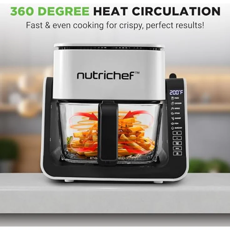 NutriChef 4L Airfryer & Elektrogrill, 7-in-1 Glas Heißluftfritteuse mit 1.2L Grillplatte, Frittieren, Grillen, Backen ohne Öl, für 4-6 Personen, 1500-1700W, transparentes Design – Bild 4