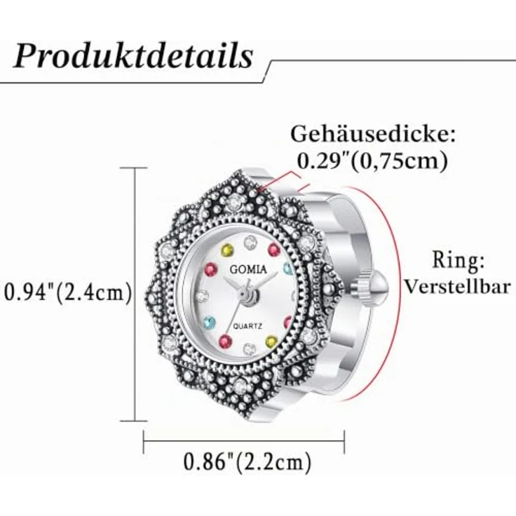 JewelryWe Ringuhr Fingeruhr Damen Analog Quarz Retro Edelstahl Schwarz mit Bunt Strass und Verstellbarem Ring – Bild 5