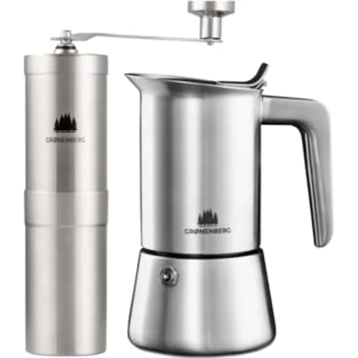 Groenenberg Kaffee Spar Set 6: Manuelle Kaffeemühle + Espressokocher für Induktion aus Edelstahl