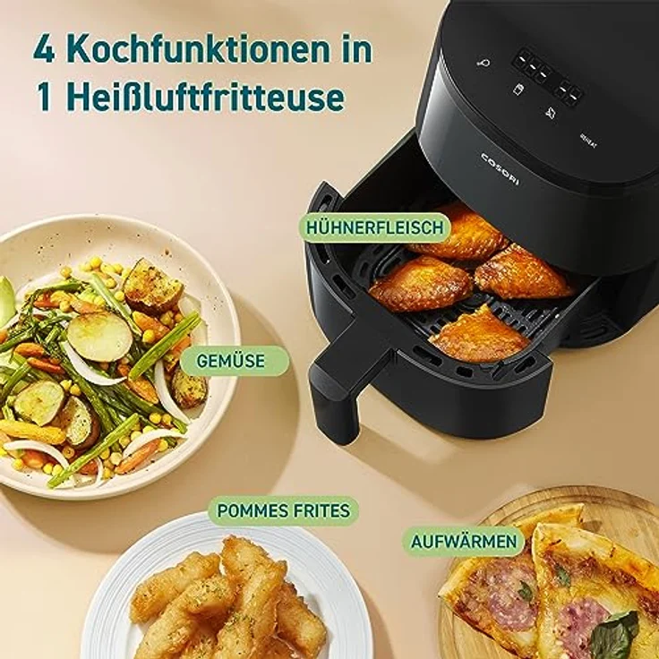 COSORI Heißluftfritteuse 2L, 4-in-1 Mini Airfryer, 30 Online Rezepte, 75-205℃, Energiesparend, Kompakt, Heissluftfriteuse klein ohne Öl, Spülmaschinenfest, 900W, Schwarz – Bild 3