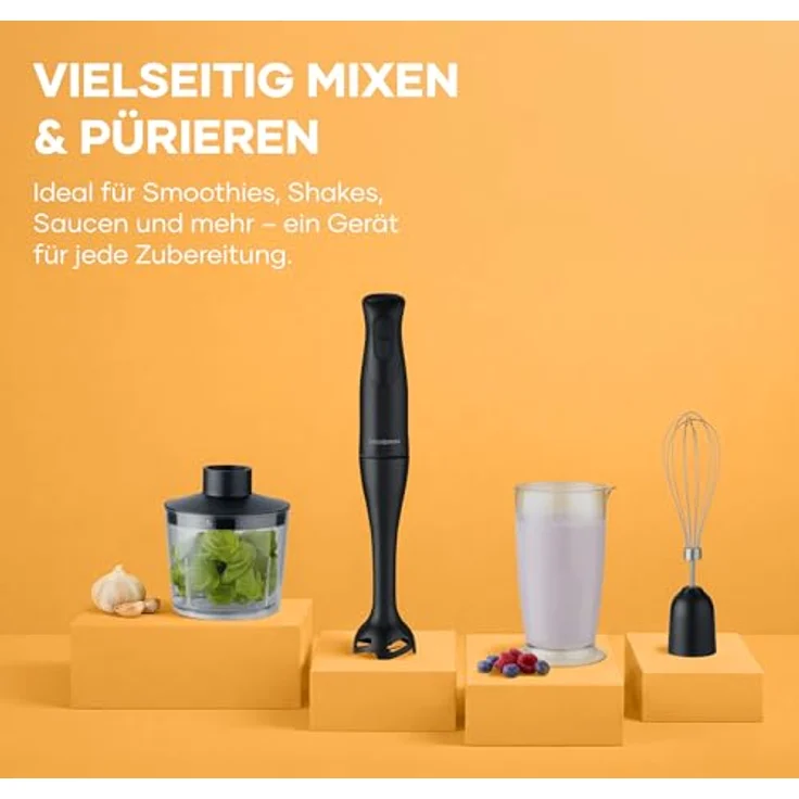 Severin SM 3762 4-in-1 Stabmixer, 350W mit 700ml Mix-/Messbecher, Schneebesen, Zerkleineraufsatz, abnehmbarer Pürierfuß, Turbotaste, schwarz – Bild 3