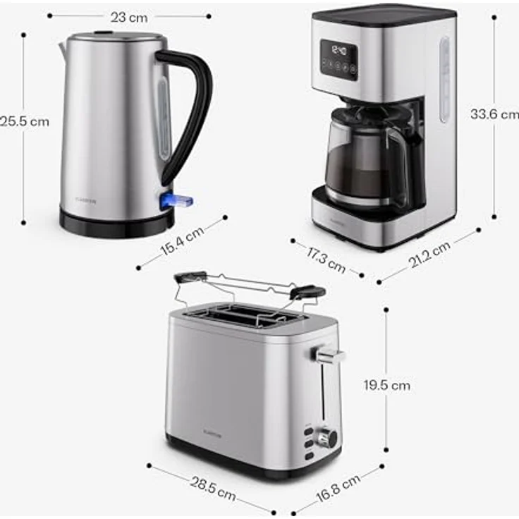 Klarstein Verosteel Frühstücksset, Toaster 2 Scheiben mit 7 Bräunungsstufen & Brötchenaufsatz, Wasserkocher 1.7L Edelstahl, Filterkaffeemaschine 12 Tassen mit Warmhaltefunktion – Bild 8