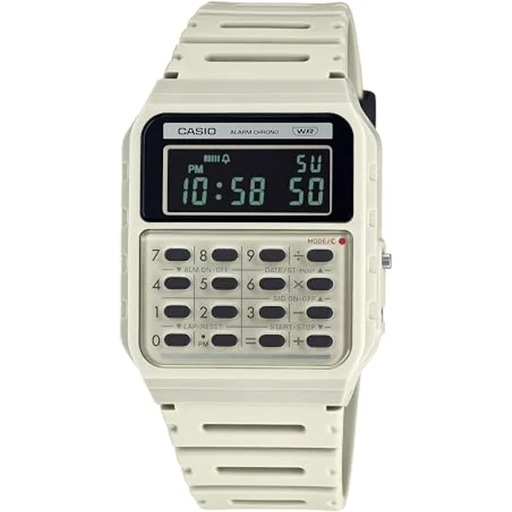 Casio CA-53WB-8BEF, Digitaluhr im Retro-Design mit Taschenrechner, Beige Kunststoffband und blauer Gehäusefarbe
