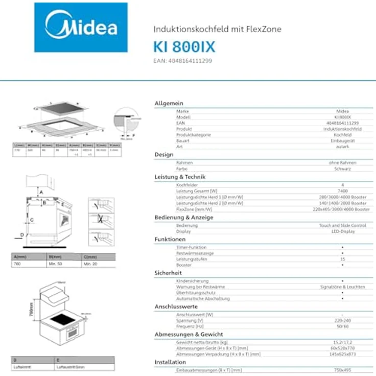 Midea Induktions-Kochfeld KI800IX, Autark, FlexZone, Booster, TouchSensor, 77 cm, Schwarz – Bild 6