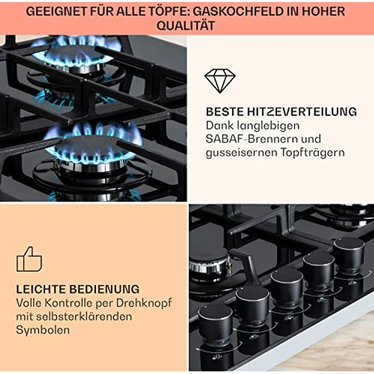 Klarstein Ignito Chef Gaskochfeld, Einbaugerät, Drehregler, Breite 90 cm, 5 Zonen, schwarz - Preisvergleich – Bild 4