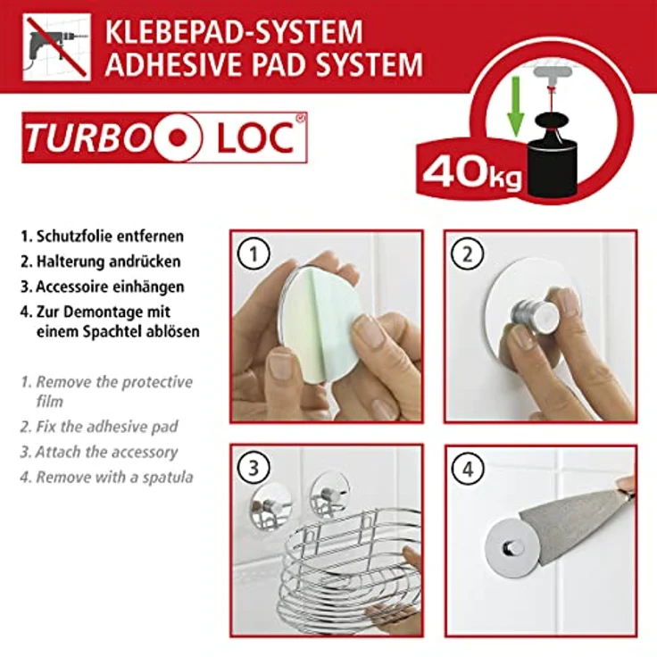 Wenko Haartrocknerhalter 'Turbo-Loc', Edelstahl glänzend, mit integriertem Kabelhalter und rückstandslos entfernbarer Wandbefestigung – Bild 5