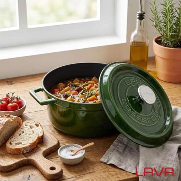 LAVA Gusseisentopf mit Deckel, emailliert, Ø 24 cm, 4,49 l, grün, backofengeeignet, für Herdarten einschließlich Induktion – Bild 2