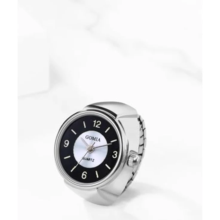 JewelryWe Ringuhr Damen, Elastisch und Wasserdicht, Klassische Analog Quarz Fingerringuhr mit Schwarz Rundem Zifferblatt und Legierungsband – Bild 2