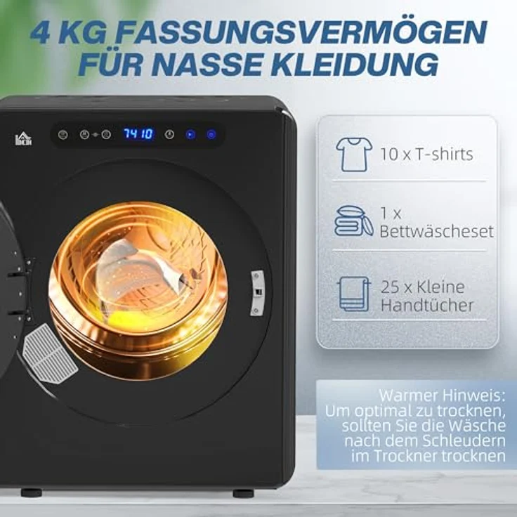 HOMCOM Mini Ablufttrockner 3 kg, 1000W Wäschetrockner mit Desinfektionsfunktion, 6 Programme, Touch-Screen, 3 Temperaturen, Timer, Schwarz – Bild 4