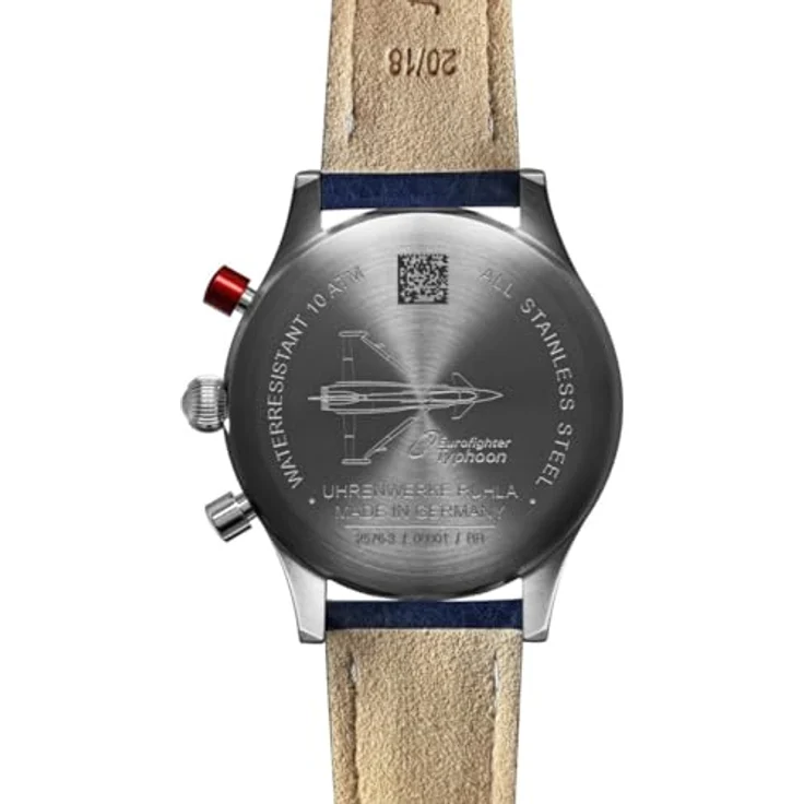 Bauhaus 2576-3 Eurofighter Typhoon Herrenuhr, Edelstahlgehäuse in Silber, blaues Zifferblatt mit Leuchtzeigern und Datum, Lederband dunkelblau – Bild 4