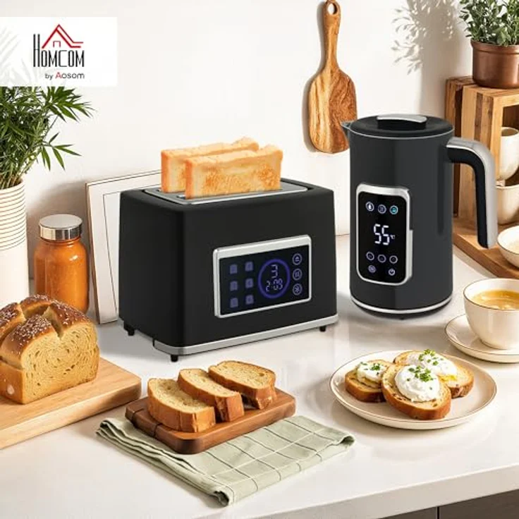 HOMCOM Kocher-Toaster-Set, 2-Schlitz-Toaster mit 2200 W, LED-Touchscreen, Schwarz, inkl. Wasserkocher 1,7 L – Bild 2