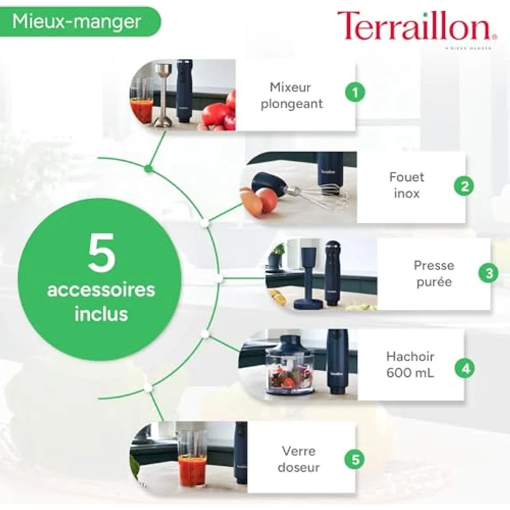 Terraillon New Moon Elektrischer Stabmixer, 1000 W, Edelstahlklingen, Turbo-Funktion, variable Geschwindigkeit, Messbecher, Schneebesen, Zerkleinerer 600 ml, Kartoffelpresse, lackiert – Bild 3
