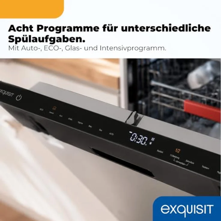 Exquisit EGSP59316-E-450C, Vollintegrierbarer Geschirrspüler für 16 Maßgedecke, Energieklasse C, 8 Programme, Aquastop, Besteckschublade, Extra-Trocknung, Schwarz – Bild 6
