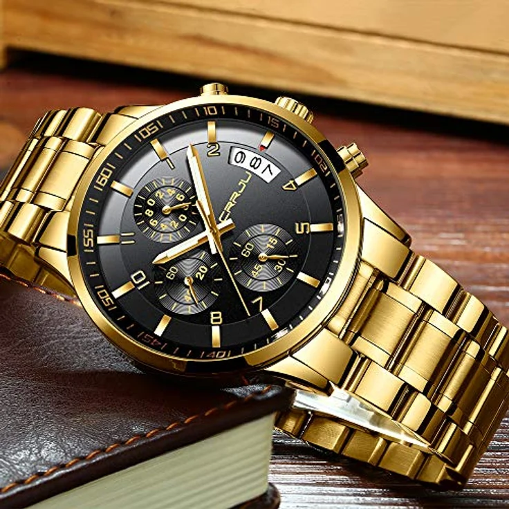 CRRJU Herren Chronographen Armbanduhr, wasserdichtes Edelstahlarmband mit Kalender, Gold Schwarz – Bild 4