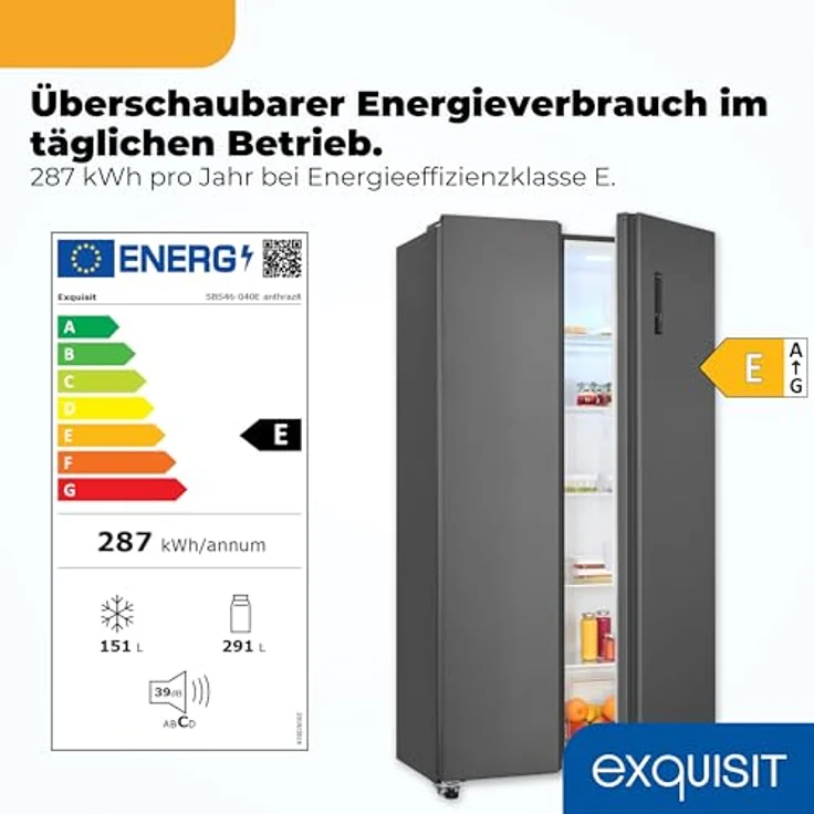 Exquisit SBS546-040E, Side-by-Side Kühlschrank mit Gefrierteil, 442 Liter, No-Frost, 10 Ablagen, anthrazit – Bild 3
