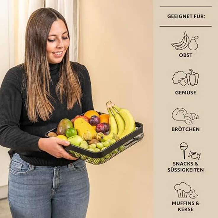 eluno Obstkorb 2er Set, eckige Drahtkörbe aus schwarz pulverbeschichtetem Metall, ideal für Obst, Gemüse und Brot, in zwei Größen (24,5 x 24,5 cm und 30,5 x 30,5 cm) – Bild 3