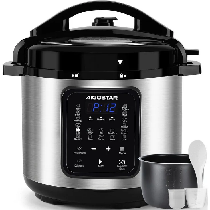 Aigostar Schnellkochtopf 6L, 1000W Multikochgerät mit 18-in-1 Funktionen, 24h Timer, Warmhaltefunktion und Antihaftbeschichtung, 10+ Sicherheitsmerkmale