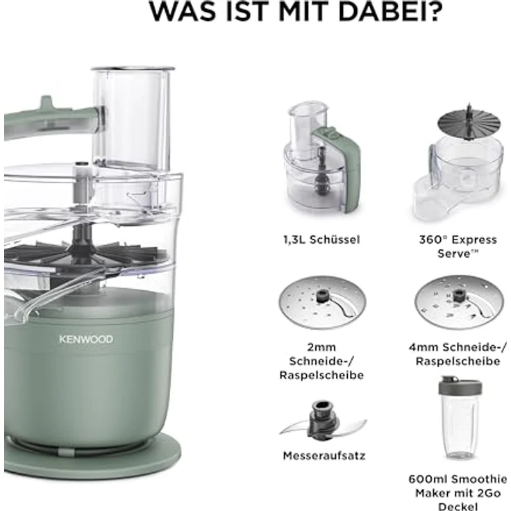 KENWOOD FDP23.380GR Multipro Go Küchenmaschine, 900W, 1,3 l Behälter, Grün, für Smoothies, Schneiden, Reiben, Pürieren und Teig Kneten – Bild 7
