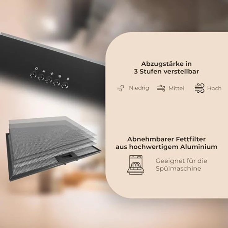Yuna Dunja Dunstabzugshaube, A, Abluft und Umluft, Wandmontage, Breite 60 cm, Randabsaugung, Drucktasten – Bild 7
