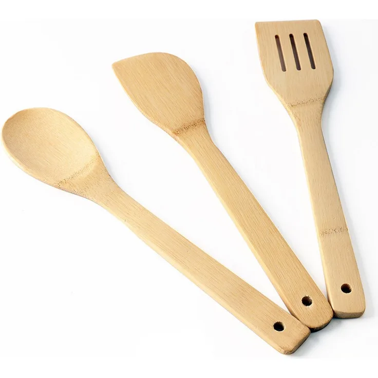 Michelino Kochbesteck-Set 3-teilig aus Bambus, nachhaltiges Küchenhelfer-Set mit Kochlöffel, Pfannenwender und Schrägspatel