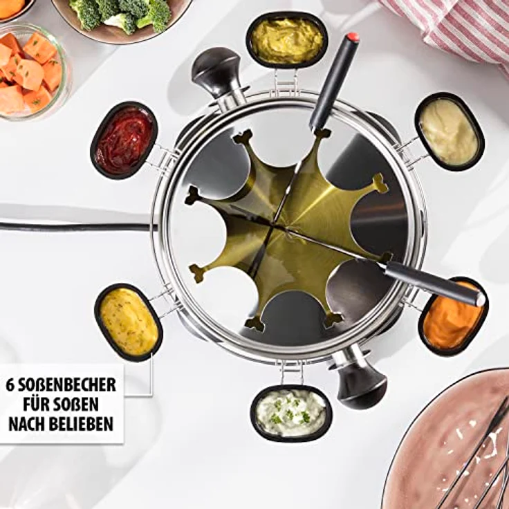Tristar Fondue-Set für bis zu 8 Personen, 1,3 Liter Fassungsvermögen, inklusive Edelstahlgabeln und Saucenring, 1400 Watt, FO-1109, Silber, Schwarz – Bild 4