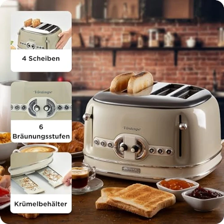 Ariete 156 Vintage, Toaster für 4 Scheiben, 1600 W, 6 Toaststufen, aus Pastellbeige lackiertem Edelstahl, ohne Zangen – Bild 5