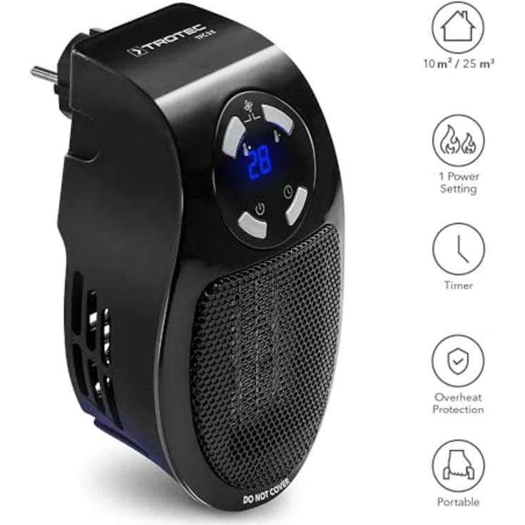 TROTEC TFC 2 E, Steckdosen Heizlüfter mit 500 W Heizleistung für Räume bis 10 m², mini Keramik Heizung, schwarz – Bild 2